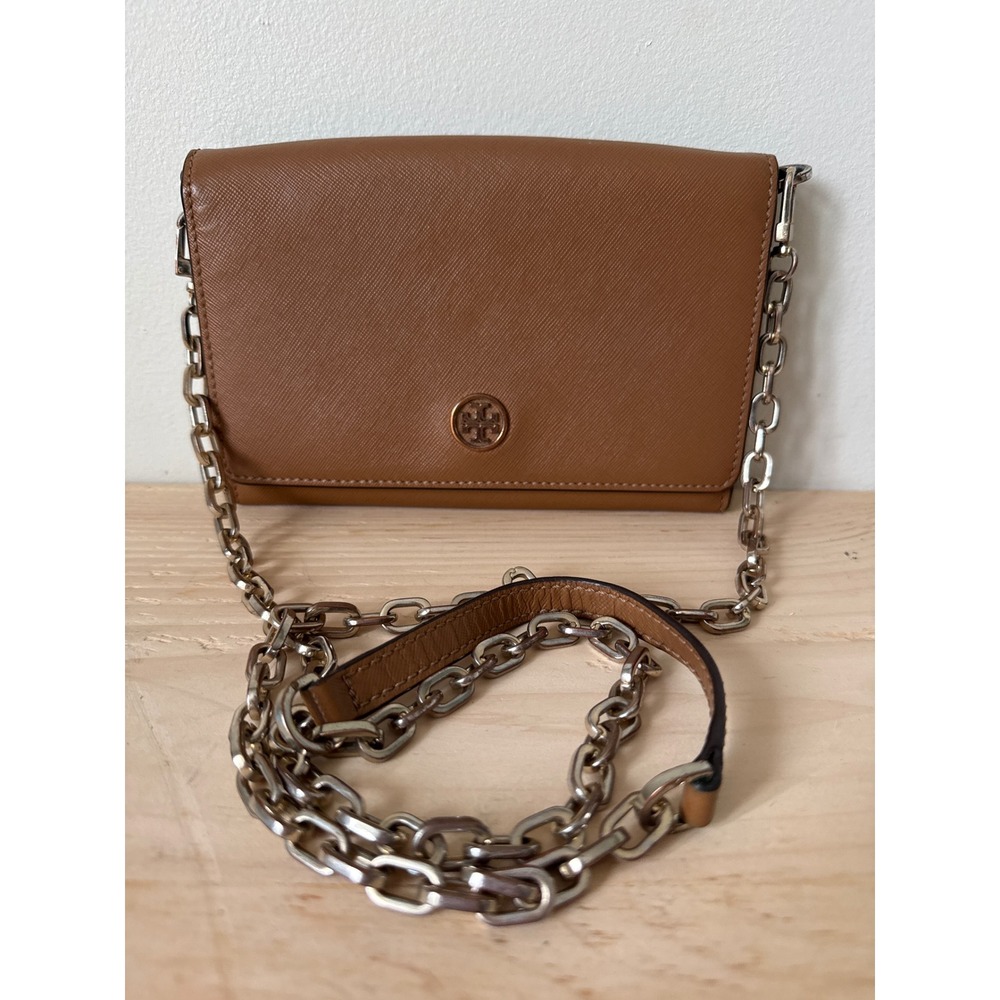 Tory Burch Mercer Wallet on Chain WOC Cognac Brown Leather Crossbody Purse